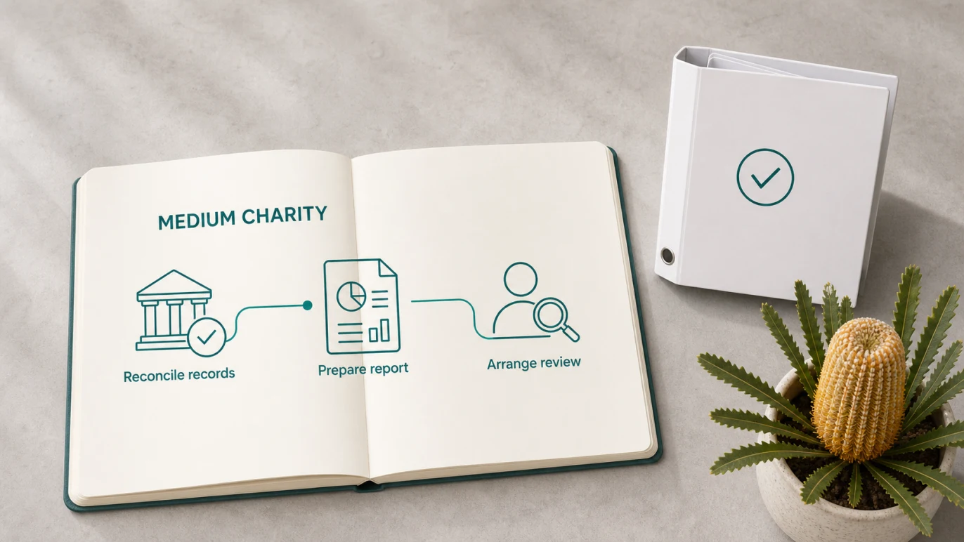 Medium charity workflow from reconciled records to a reviewed annual financial report