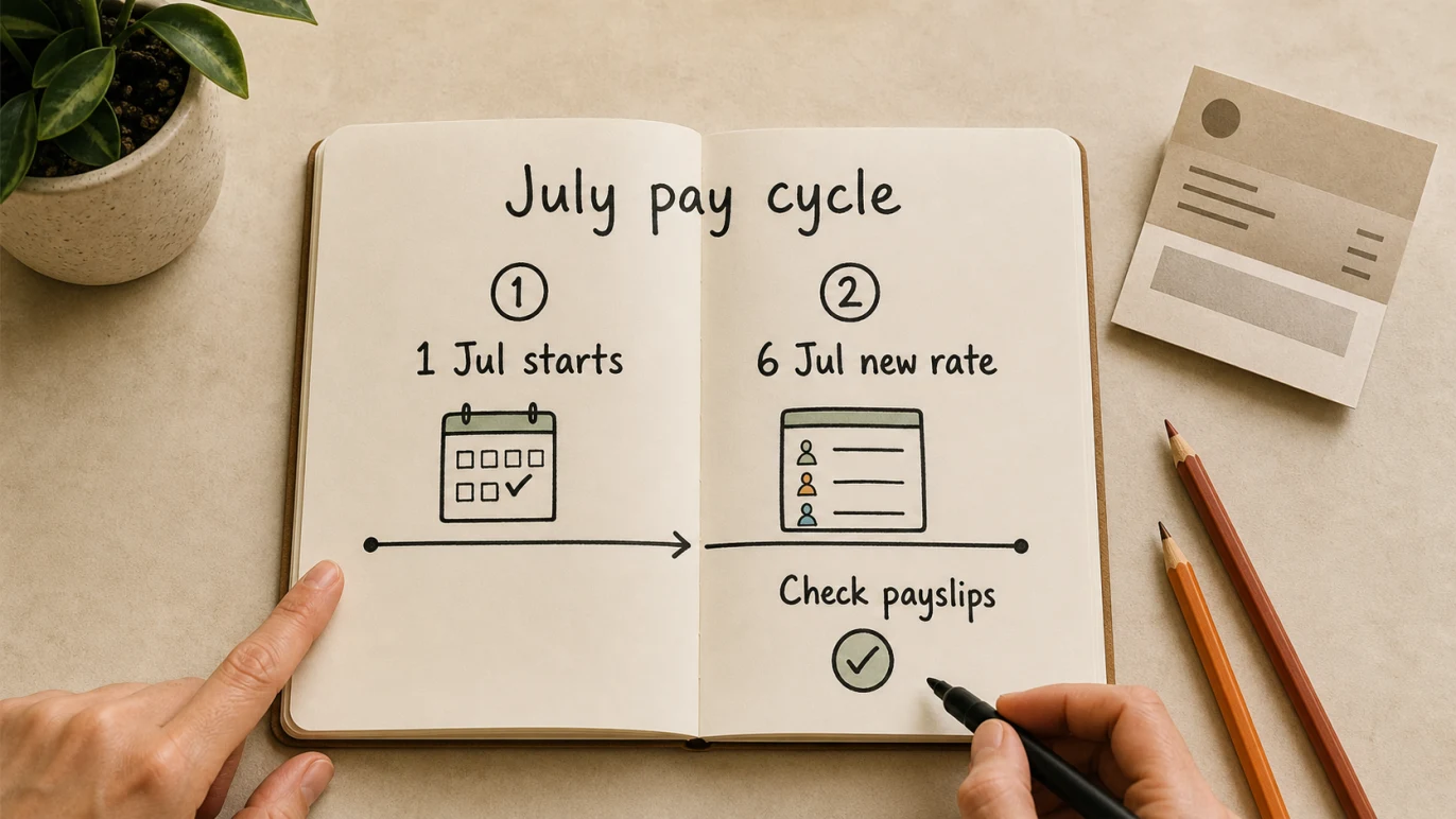 July pay cycle example showing the new wage rate starting from the next full pay period