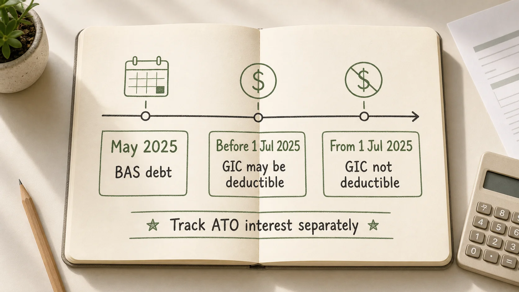 Notebook timeline showing ATO interest before and after 1 July 2025