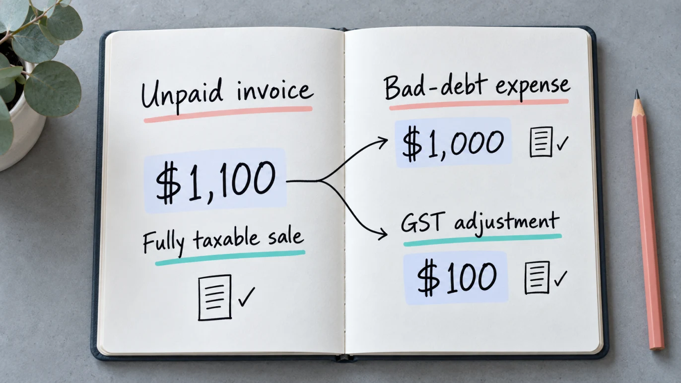A $1,100 wholly taxable unpaid invoice split into $1,000 bad-debt expense and a $100 GST adjustment