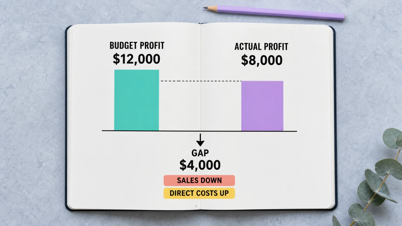 Budget versus actual example showing profit below plan because of sales and direct costs