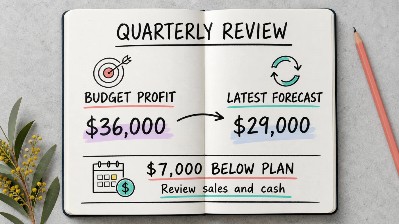 Quarterly budget and latest forecast showing profit seven thousand dollars below plan