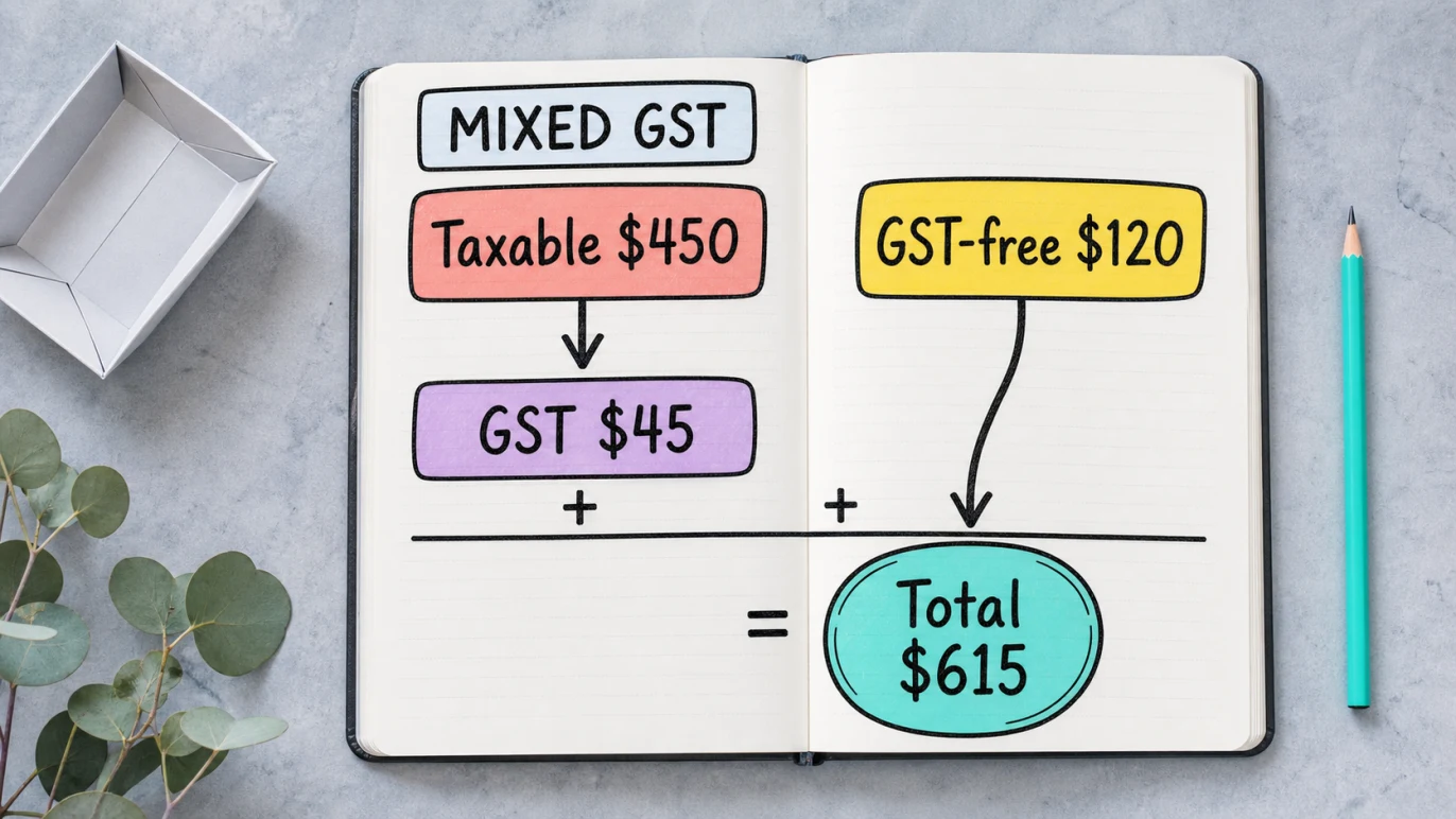 Mixed Australian invoice with a discounted taxable line and a GST-free line