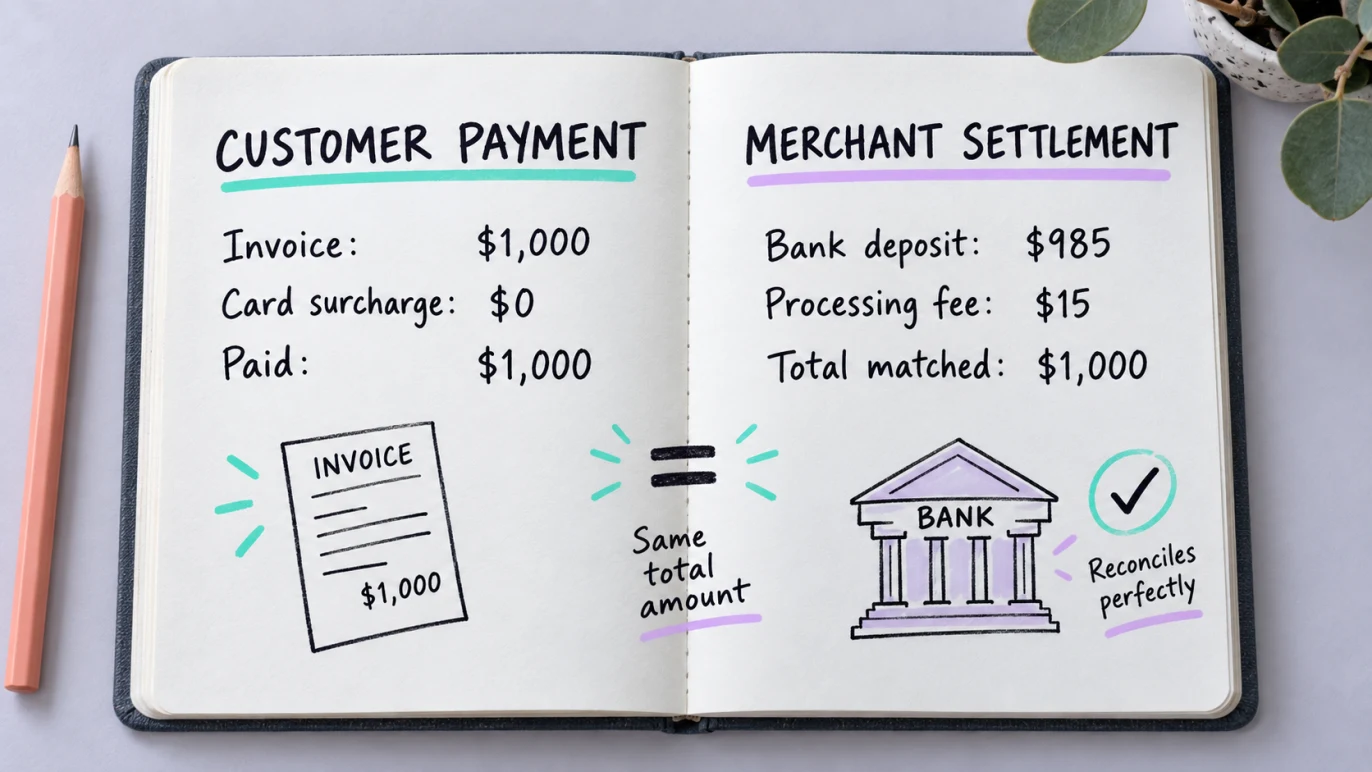 A $1,000 customer payment reconciles to a $985 bank deposit plus a $15 processing fee, with no card surcharge