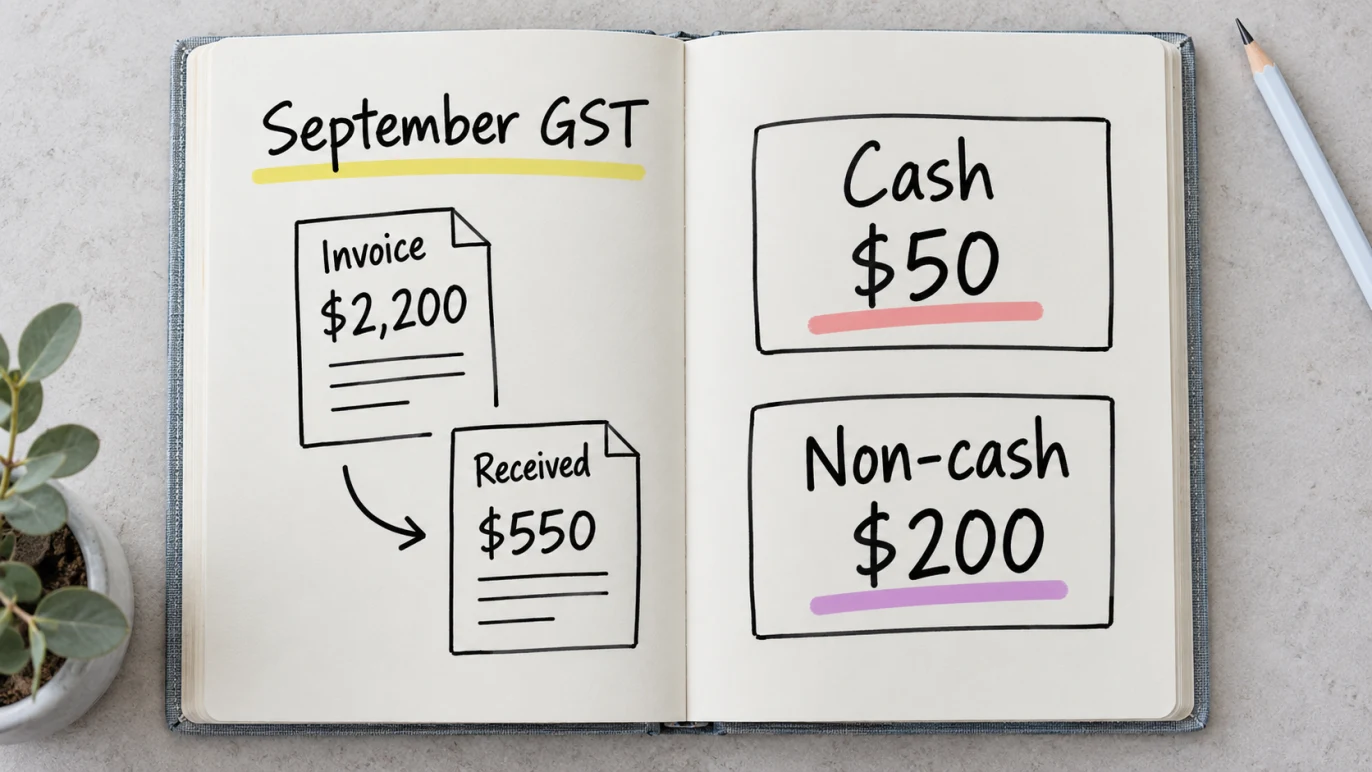 A $2,200 invoice with $550 received in September produces $50 cash-basis GST or $200 non-cash GST on the sale