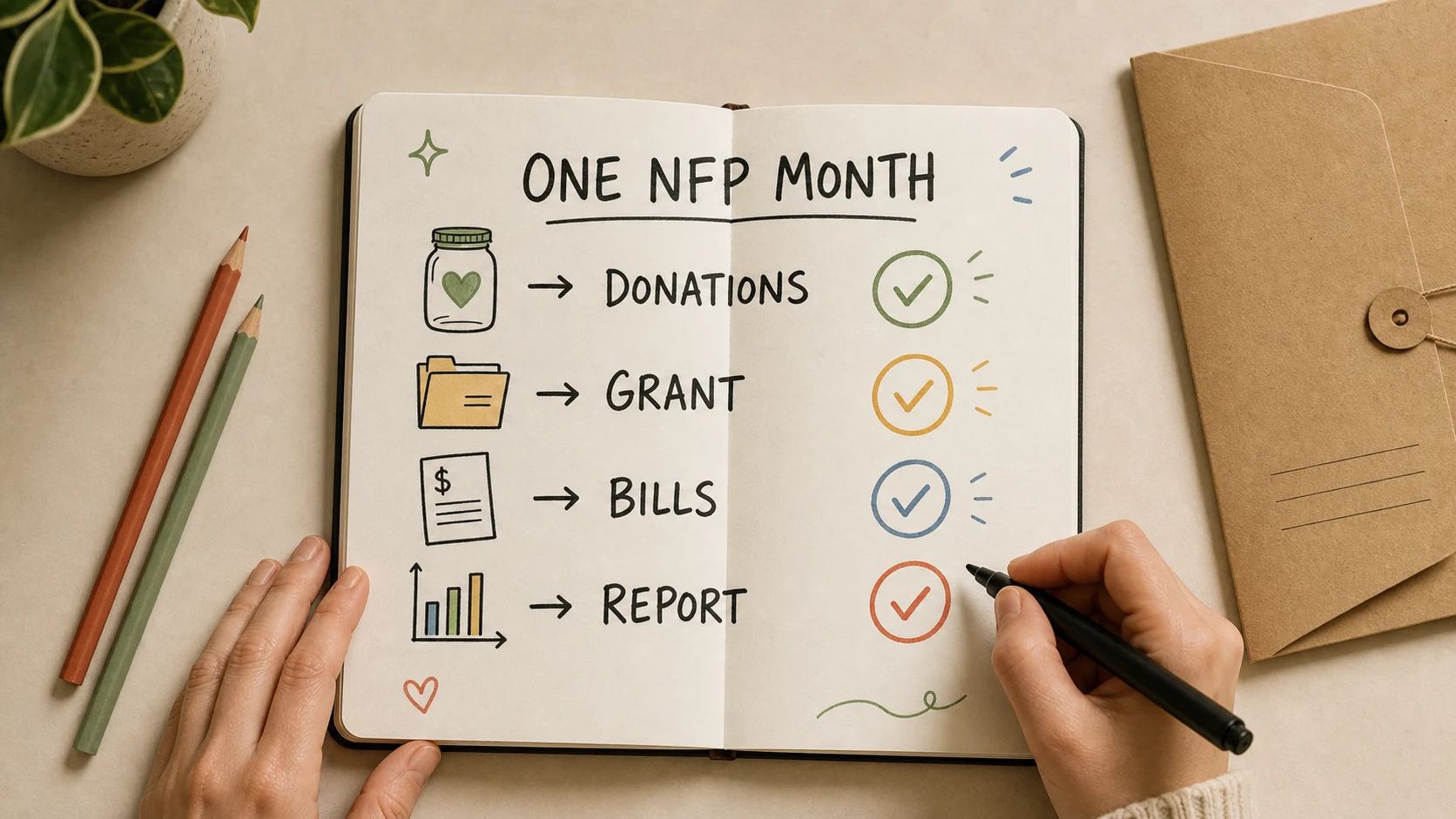 Simple nonprofit accounting month with donations, grant, bills and report