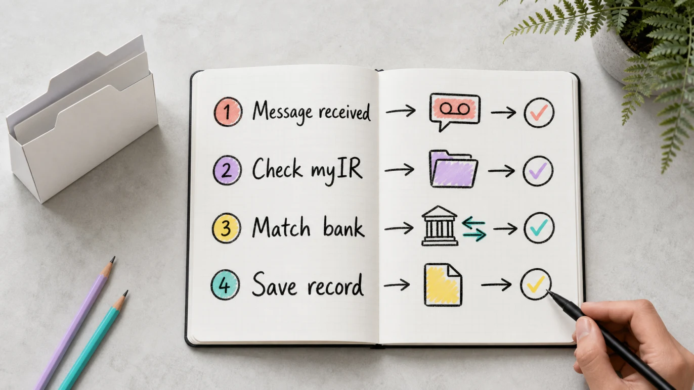 New Zealand overdue tax message example showing myIR, bank match and tax record checks