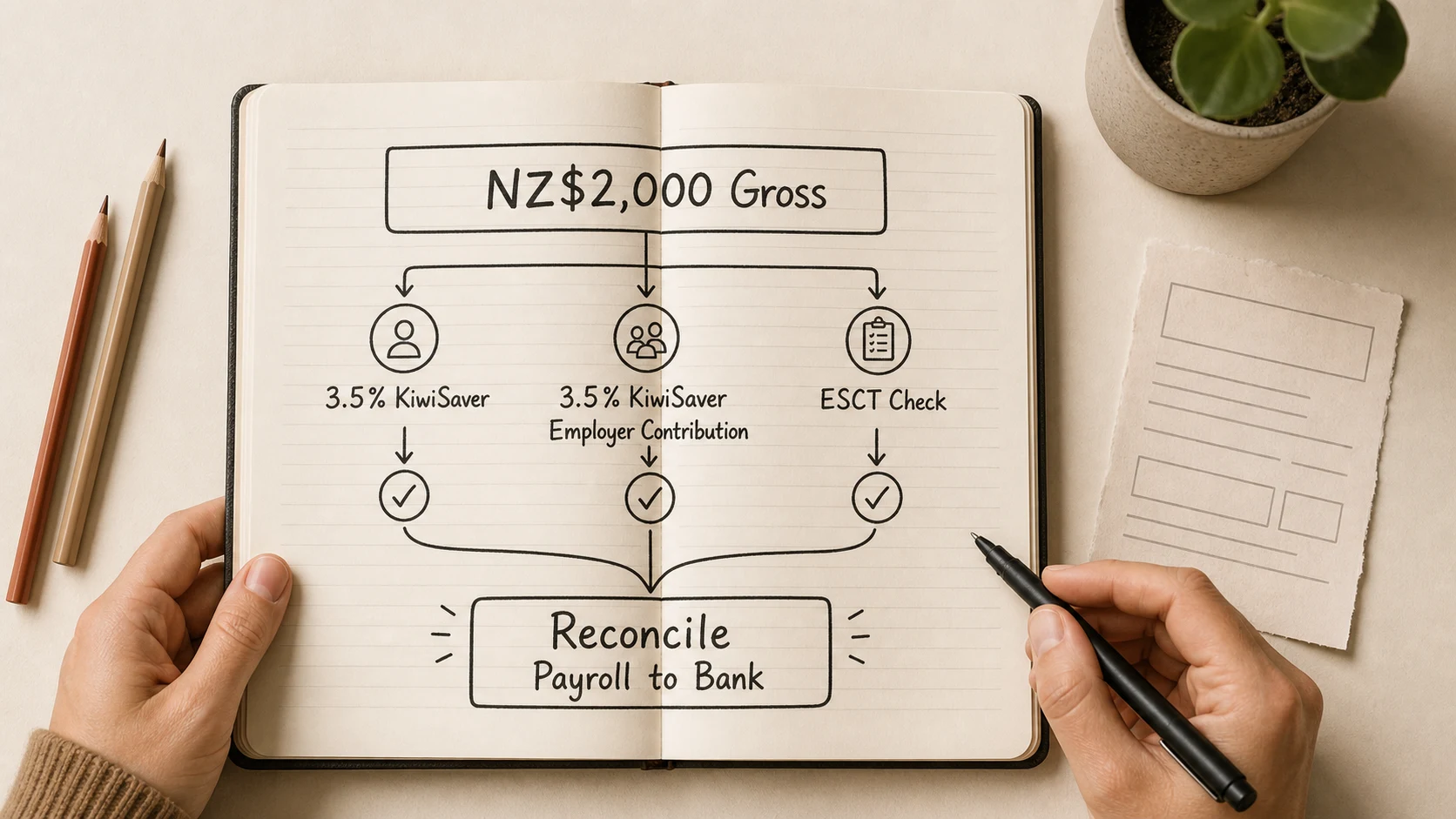 KiwiSaver pay run example showing gross pay, contributions, ESCT and reconciliation