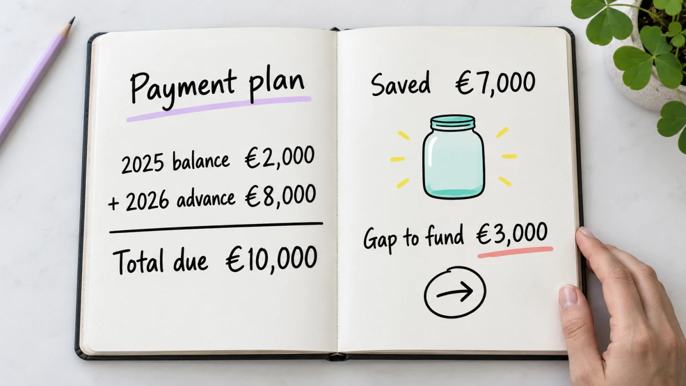 A €2,000 prior-year balance plus an €8,000 advance gives €10,000 due, leaving €3,000 to fund after €7,000 saved