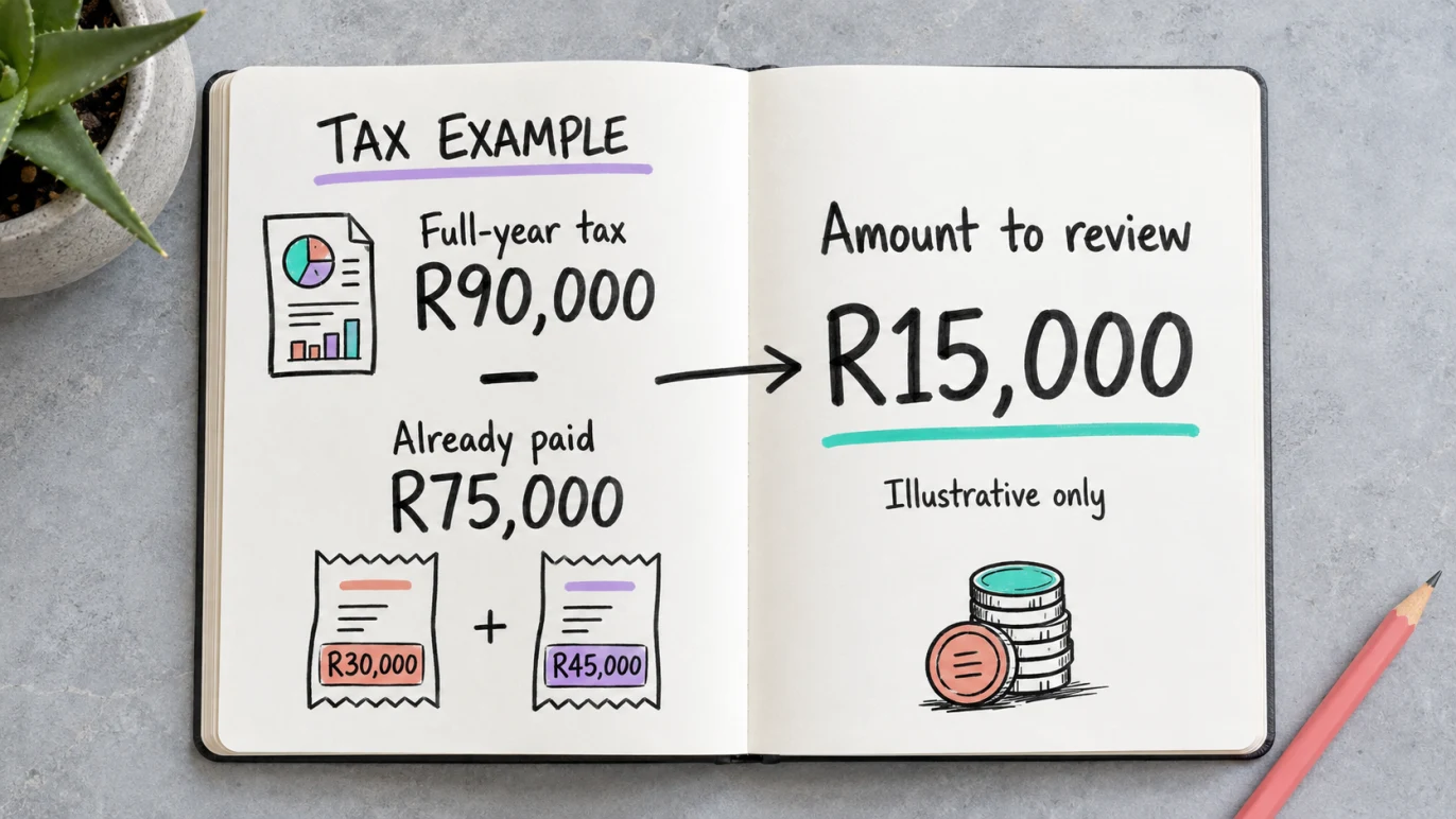 Illustrative tax reconciliation: R90,000 tax less R75,000 paid leaves R15,000 to review