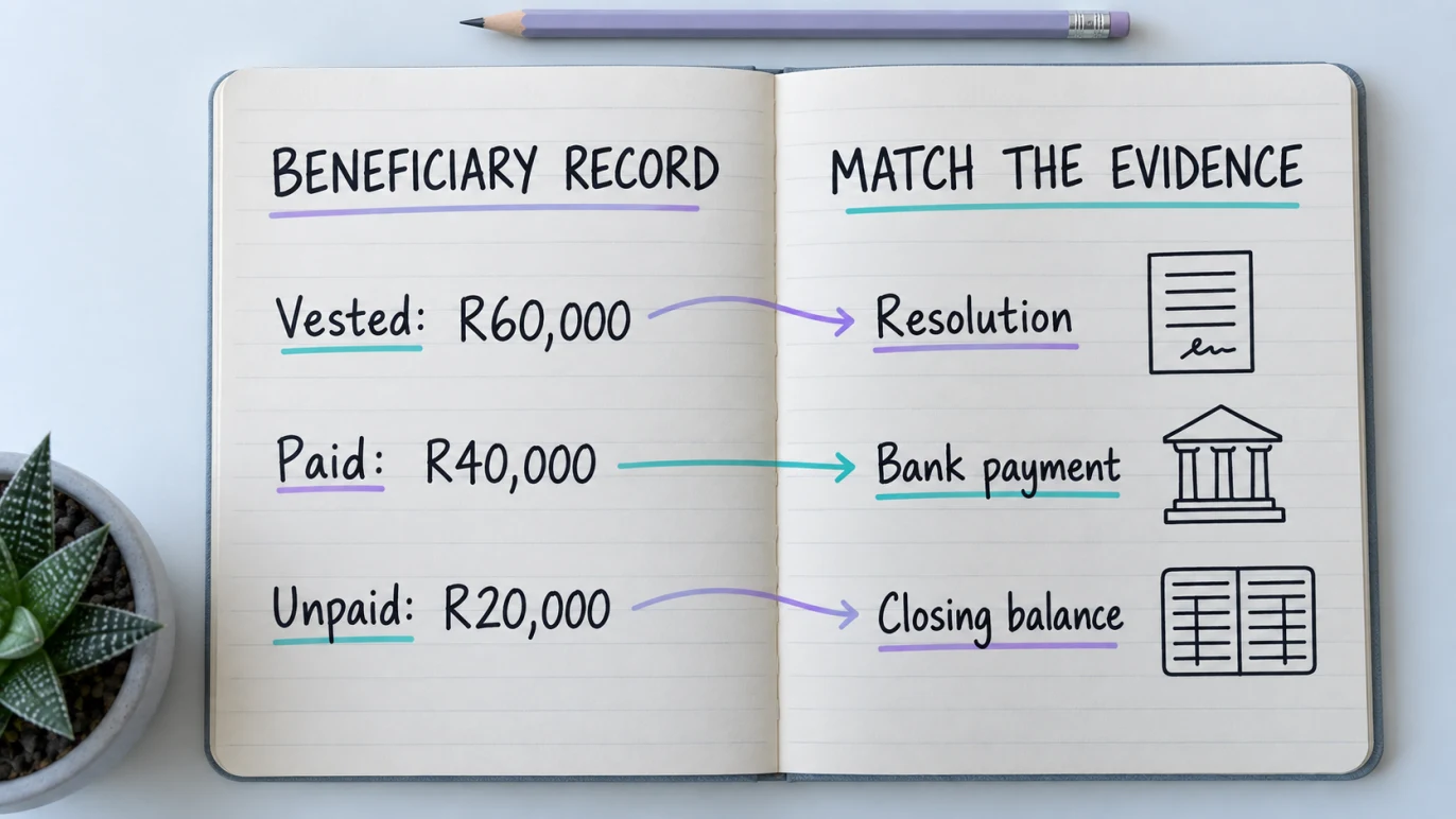 Beneficiary reconciliation: R60,000 vested, R40,000 paid and R20,000 unpaid, matched to a resolution, bank payment and closing balance