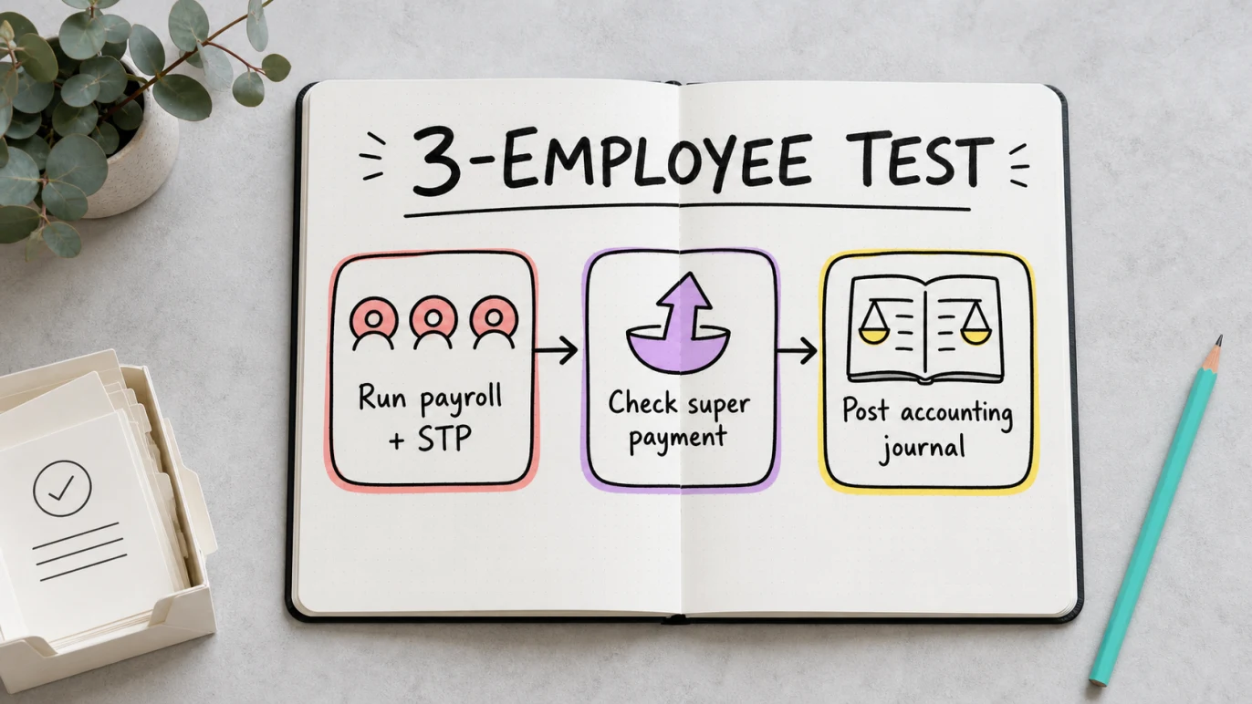 Three-employee STP software test covering payroll, super and accounting