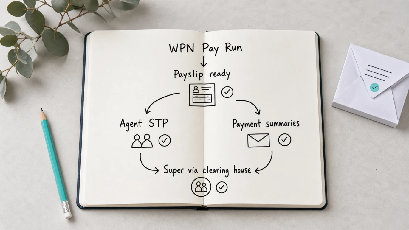 WPN employer payroll example showing agent STP, payment summaries and super payment workflow
