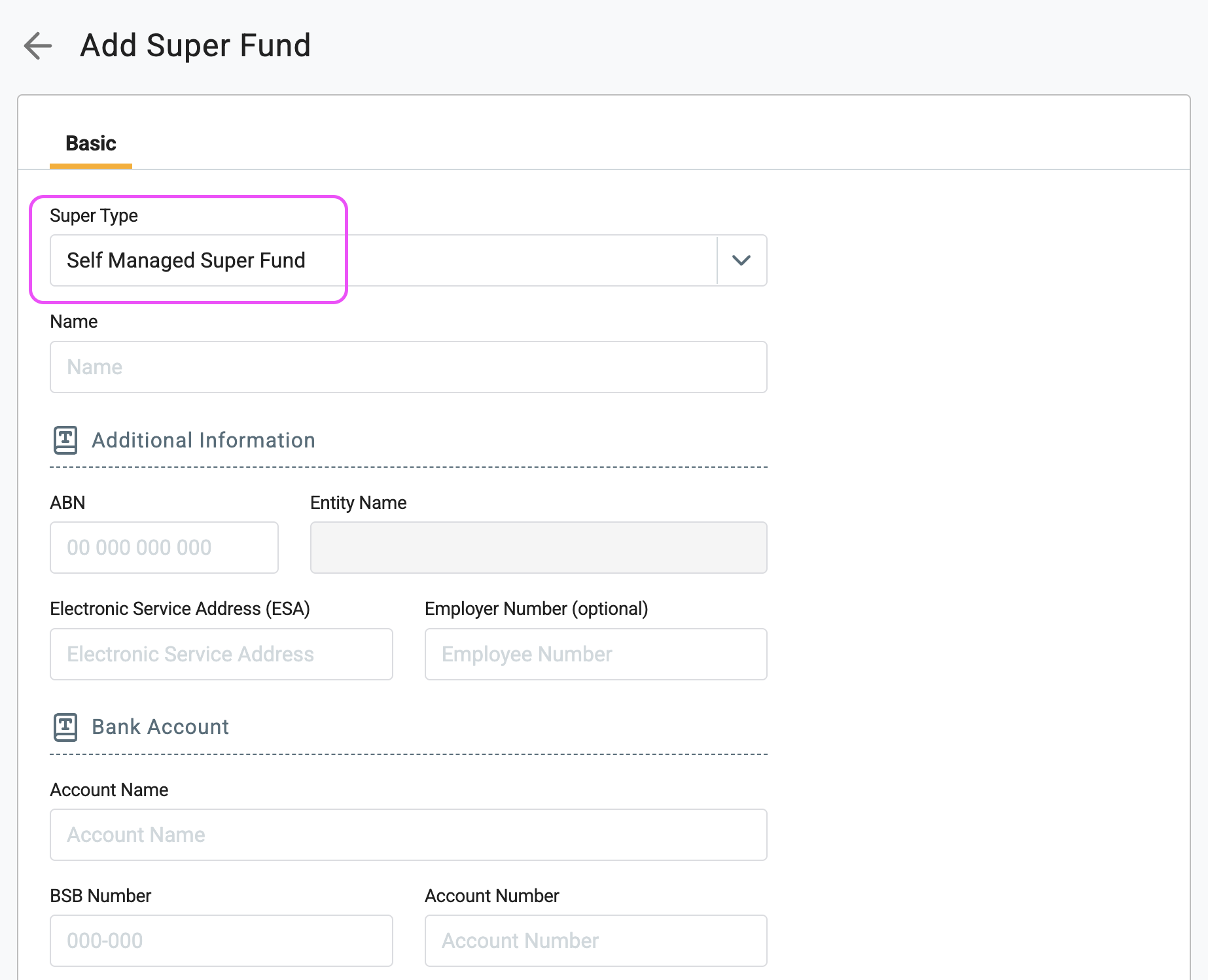 Interface for adding a self-managed super fund in Gimbla
