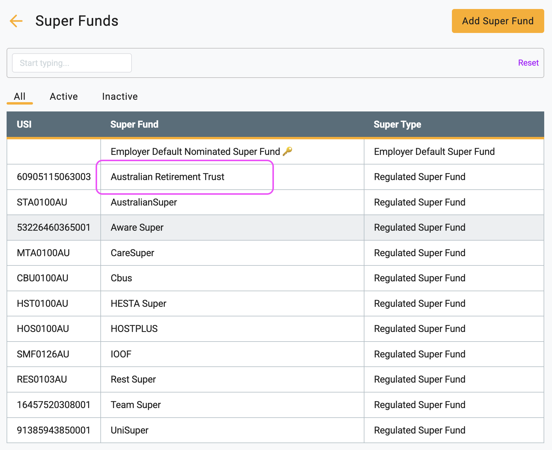 The Super Funds list screen in Gimbla showing the newly added fund