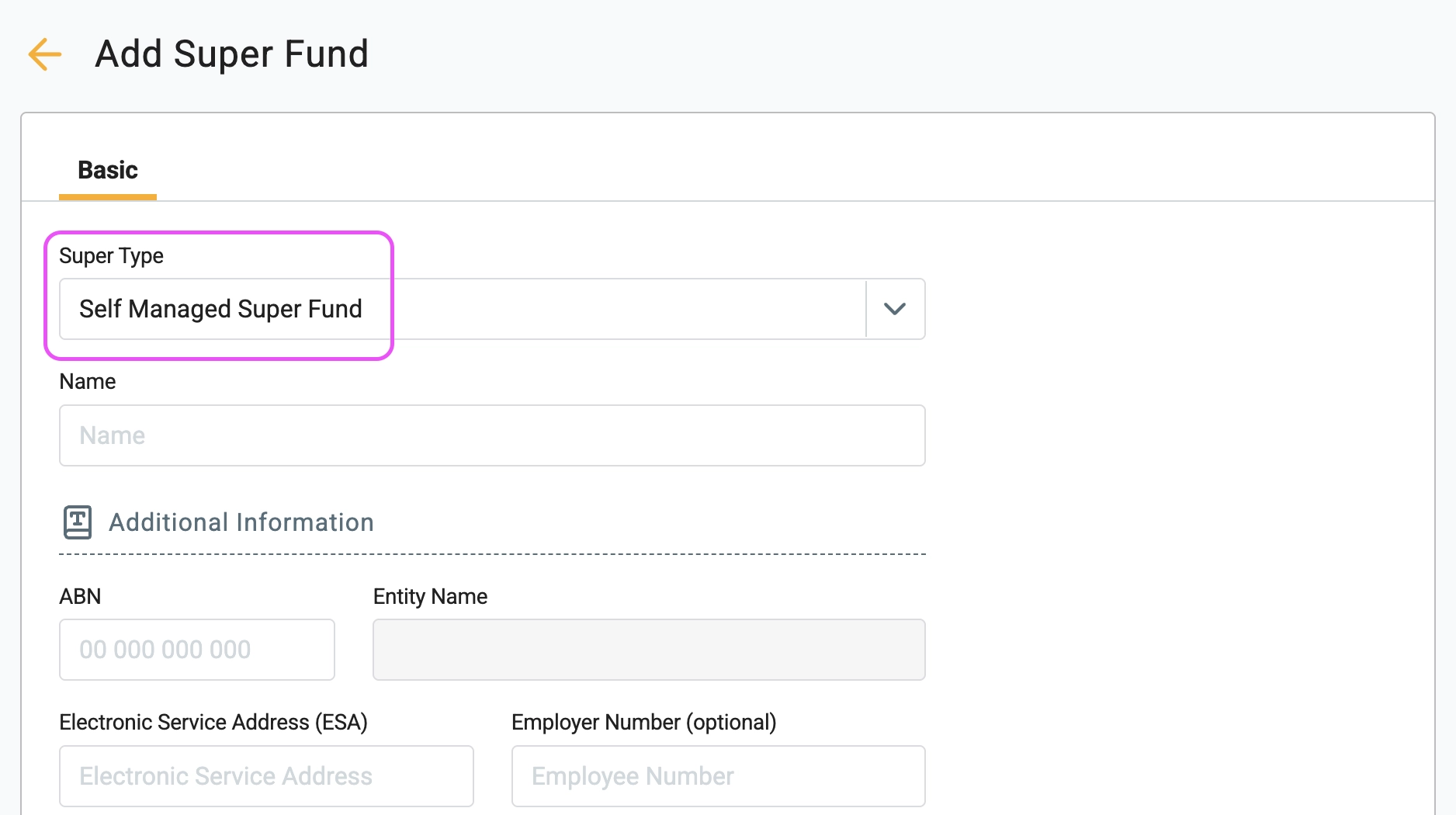 Interface for adding a self-managed super fund in Gimbla