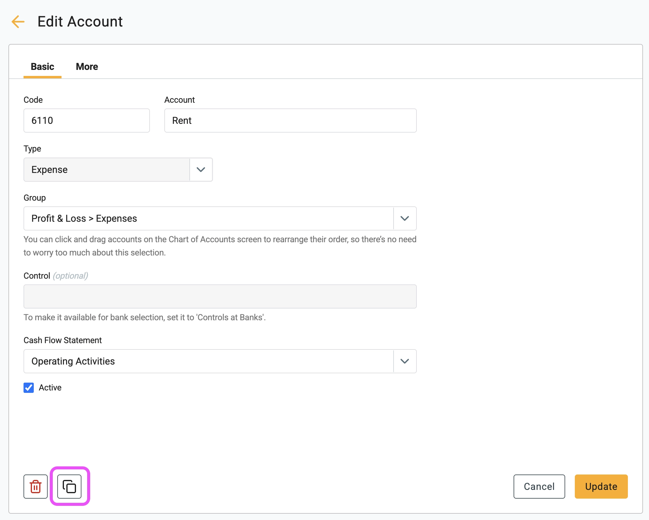Edit Account screen for the Rent account, with the copy button highlighted in the bottom-left corner