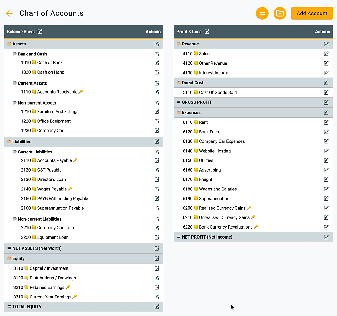Chart of Accounts screen showing the Freight account being dragged from Expenses into the Direct Cost group
