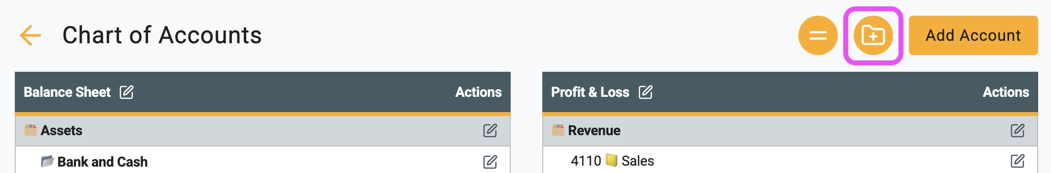 Chart of Accounts toolbar with the Add Group folder icon highlighted between the menu and Add Account buttons