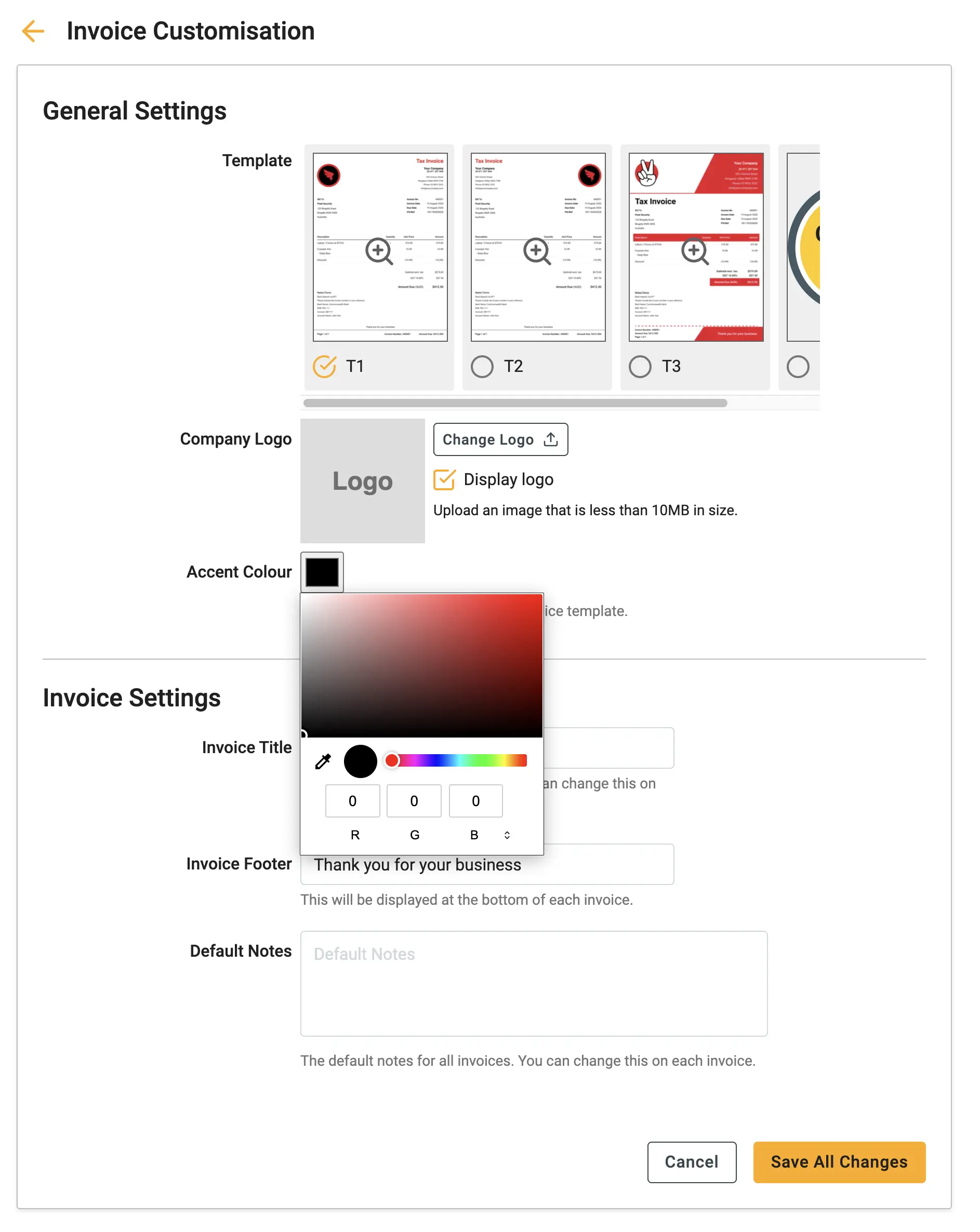 invoice customisation form