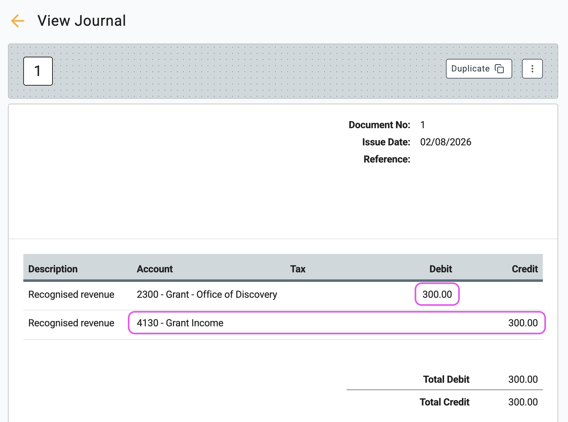 Journal transferring grant funding from the liability account to grant income