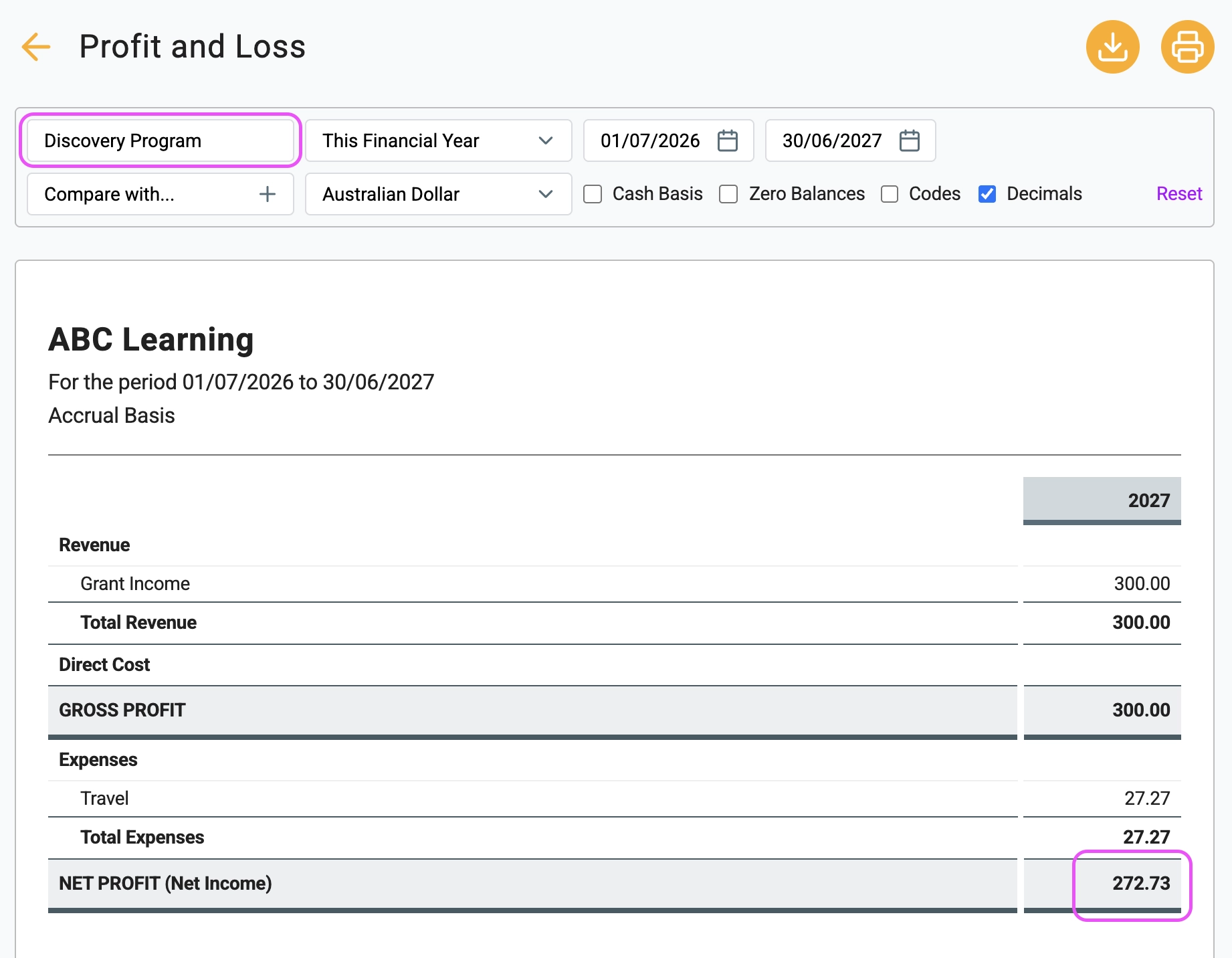 Profit and Loss report filtered by the grant project