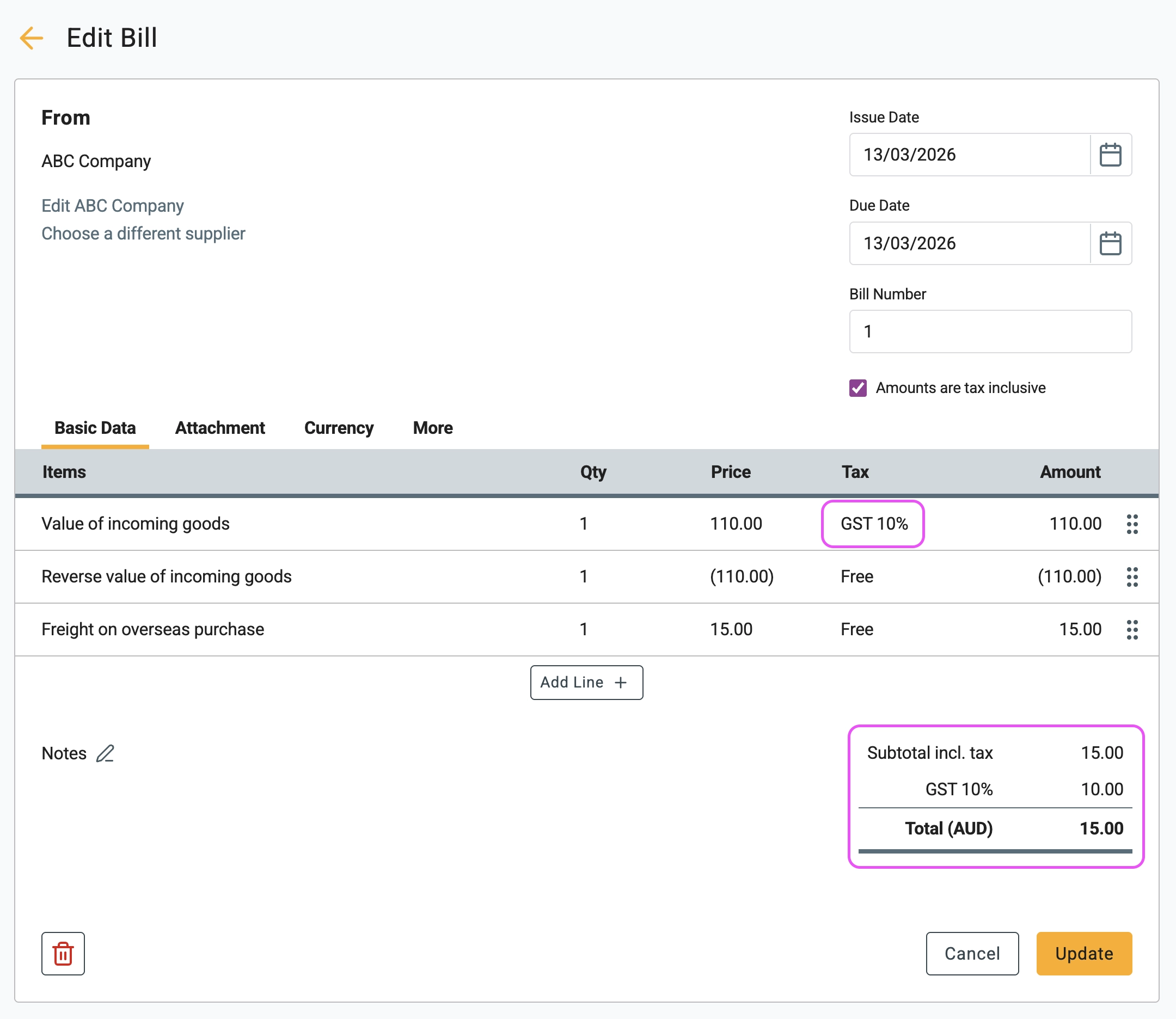 Gimbla Edit Bill screen showing the 3-line trick to manually adjust GST