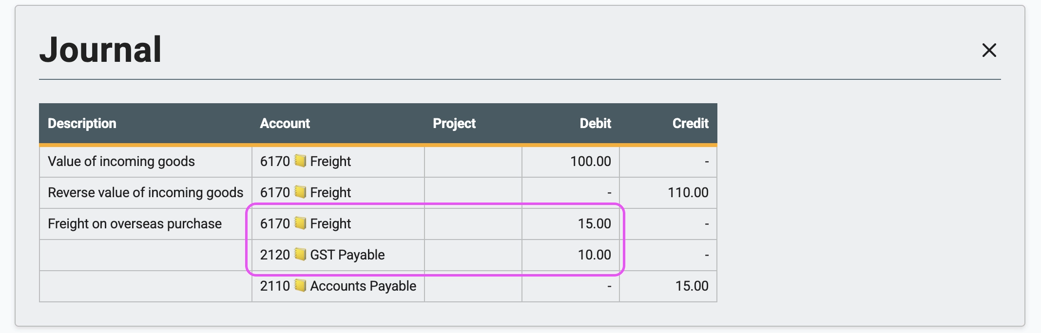Journal entry in Gimbla showing the clean, balanced debits and credits after the adjustment