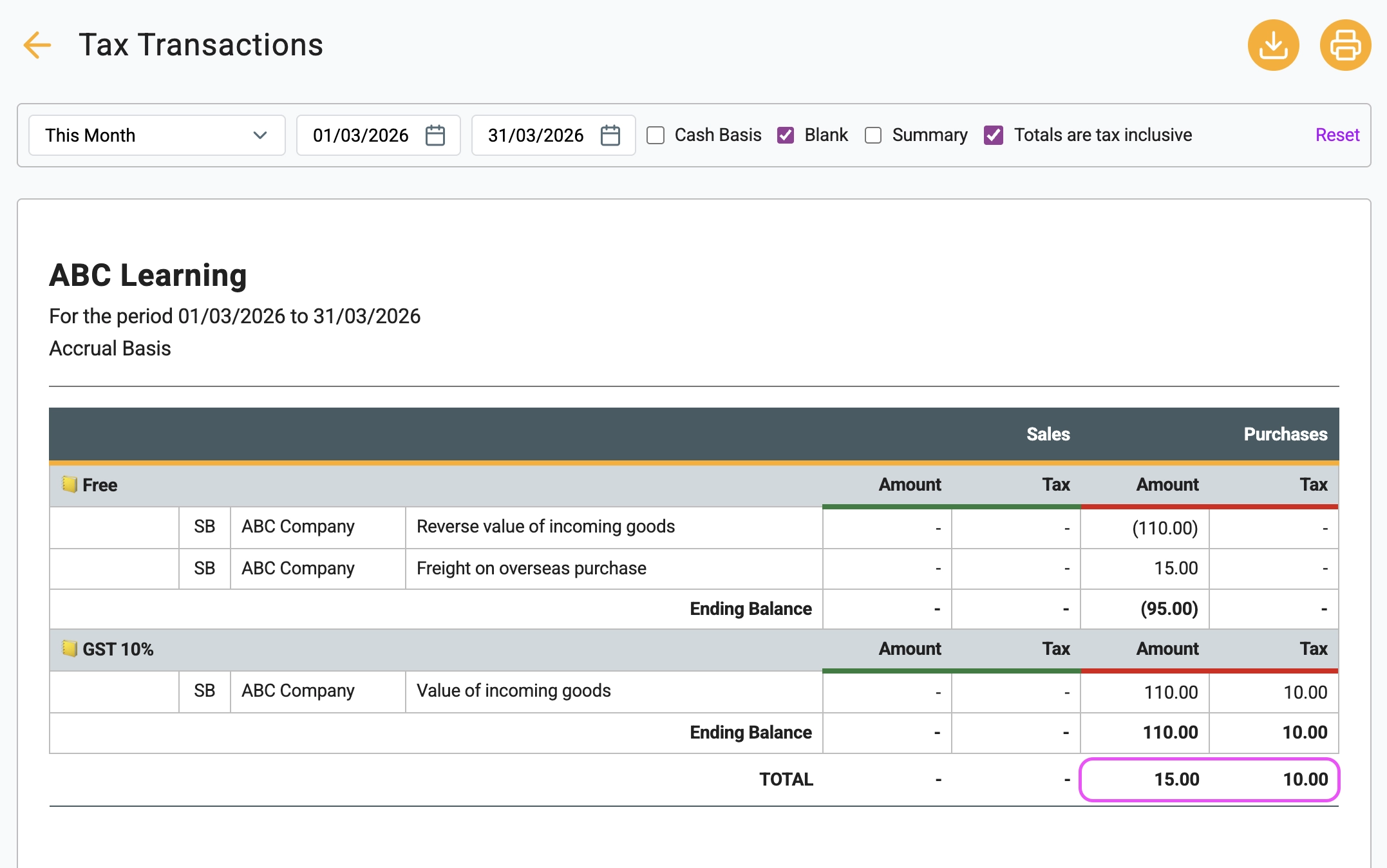 Tax report showing the correct $15 purchase total and the adjusted $10 GST