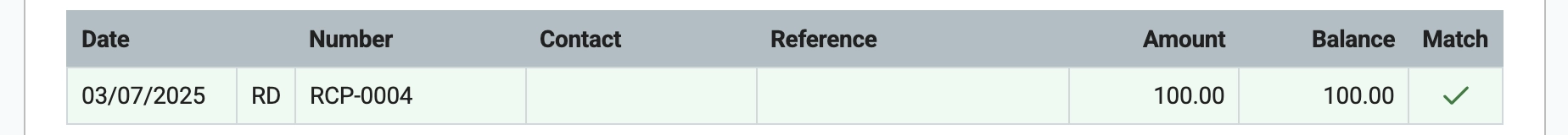matched transaction showing green checkmark