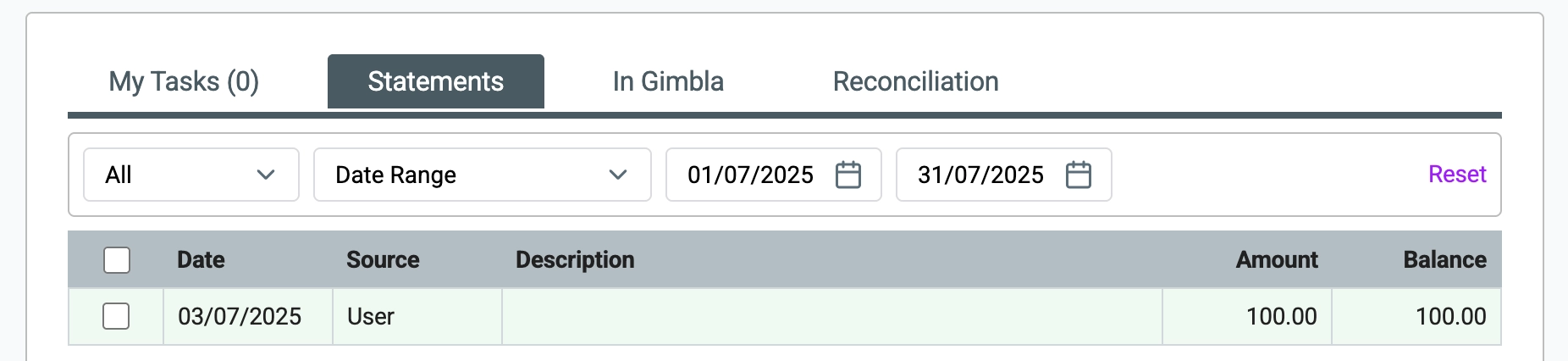 statements tab showing cleared entry