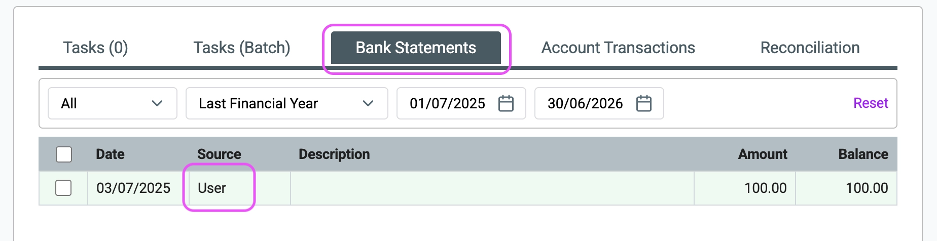 Manually created opening balance statement line