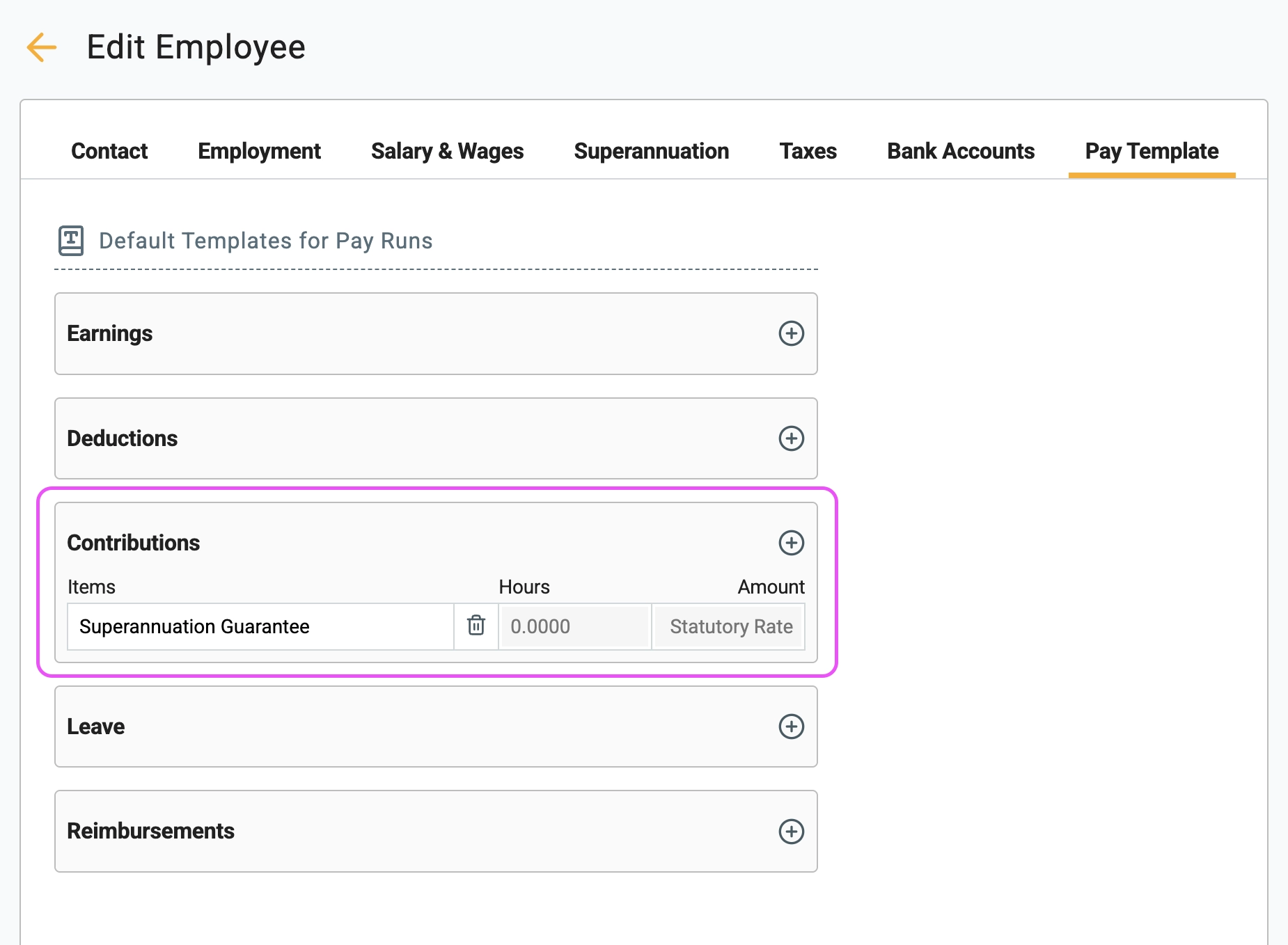 Add Superannuation Guarantee under Contributions in Pay Template