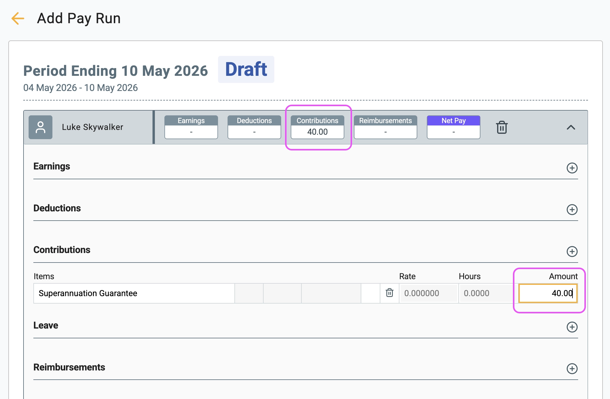 Adjust contractor superannuation amount manually in a pay run