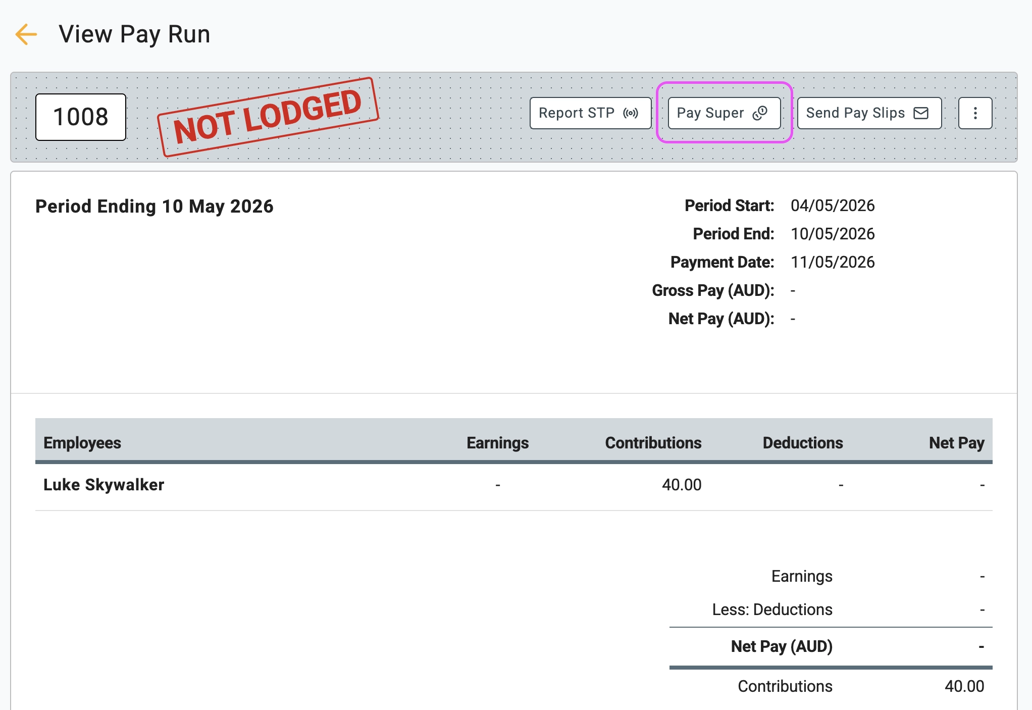 Click the Pay Super button after posting a pay run