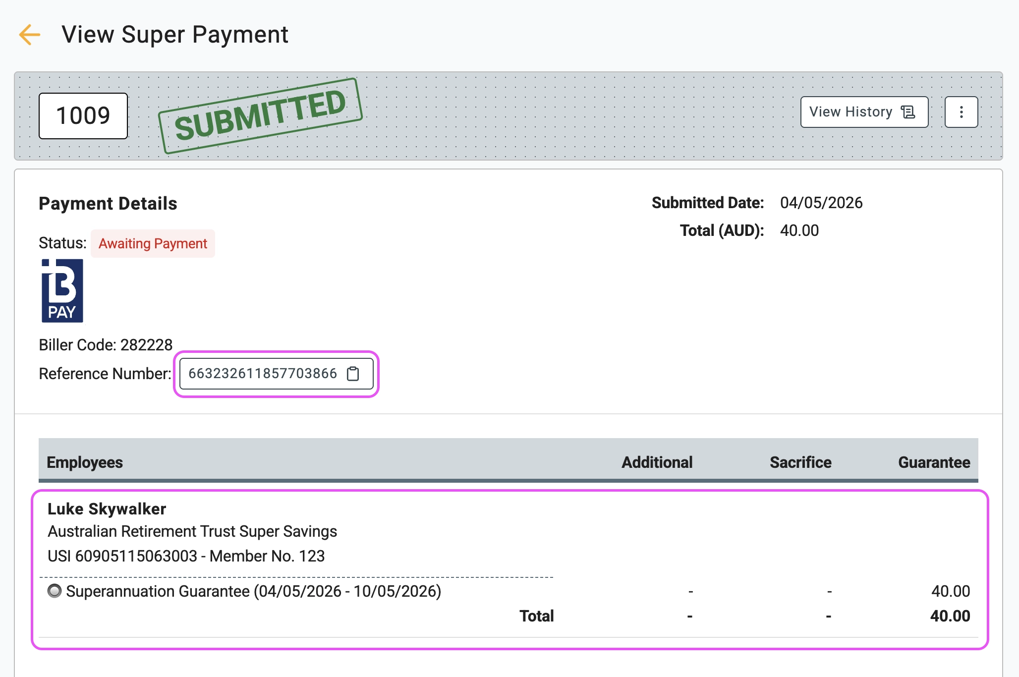 BPAY reference number provided by Beam clearing house