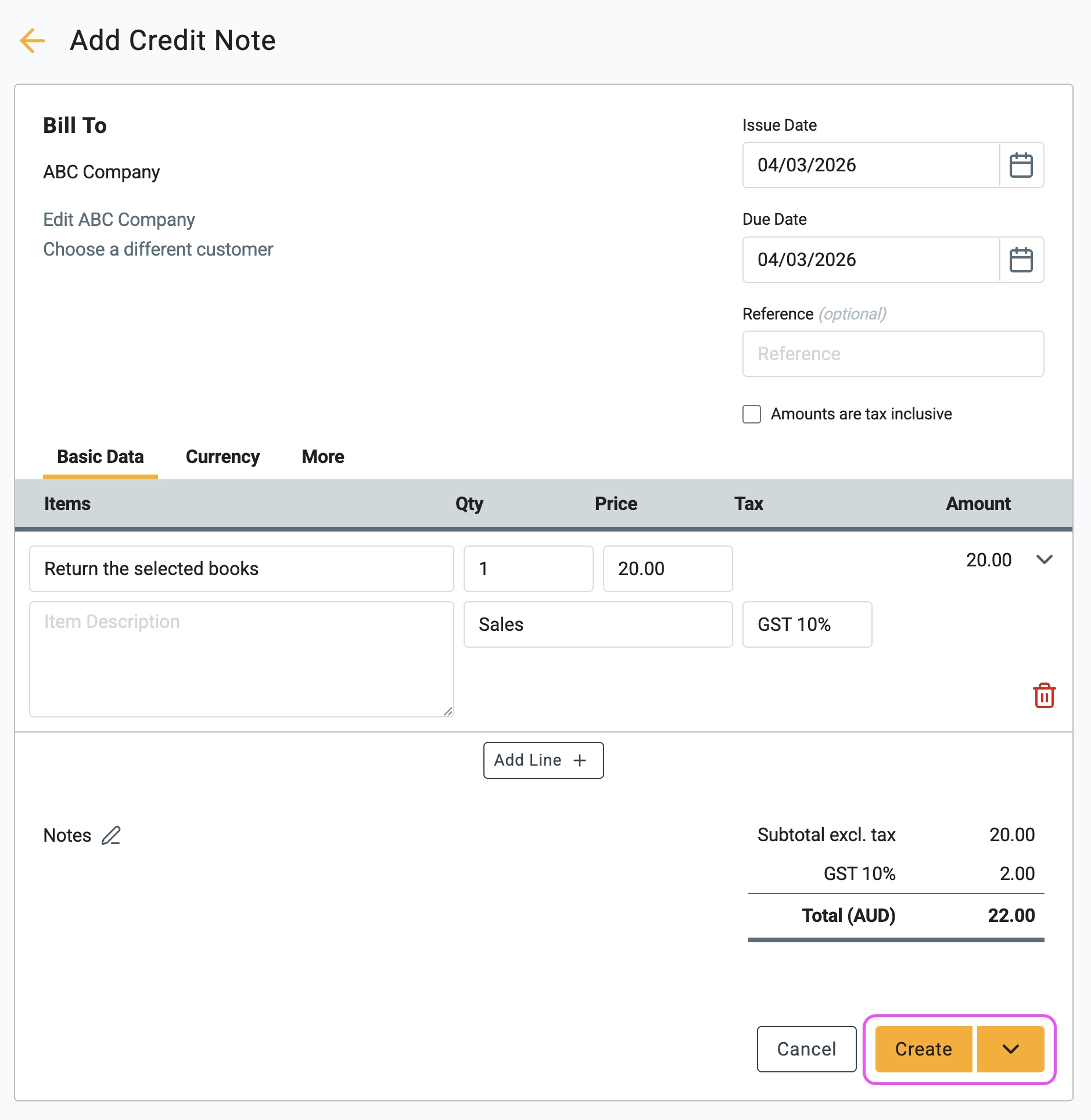 Gimbla Add Credit Note screen showing item details, tax application, and total amount