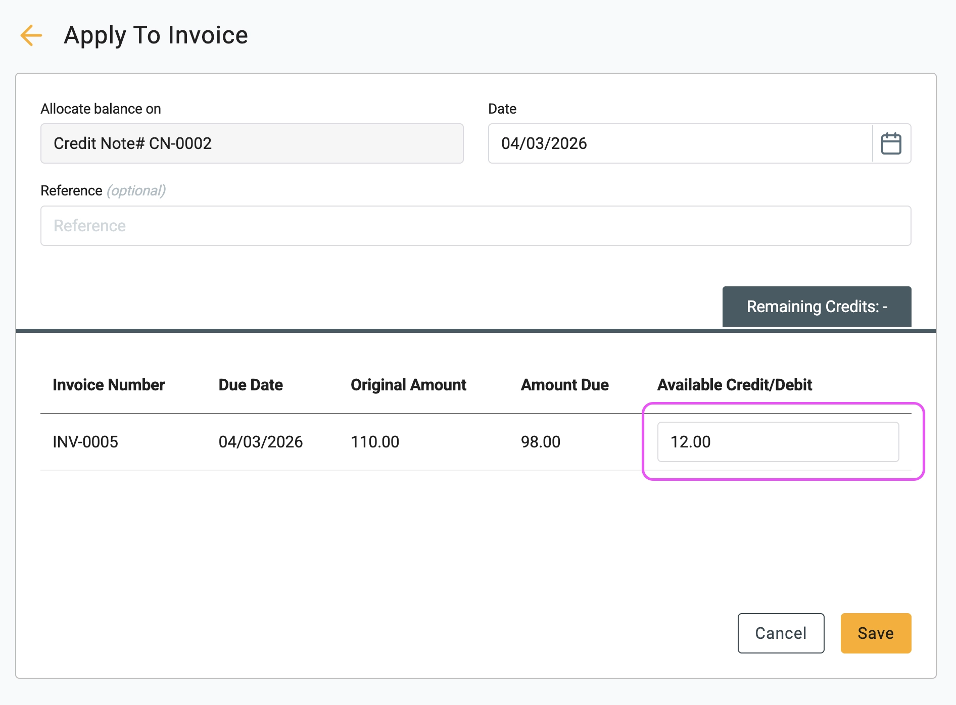 Gimbla Apply To Invoice screen showing the allocation of the remaining $12 credit balance