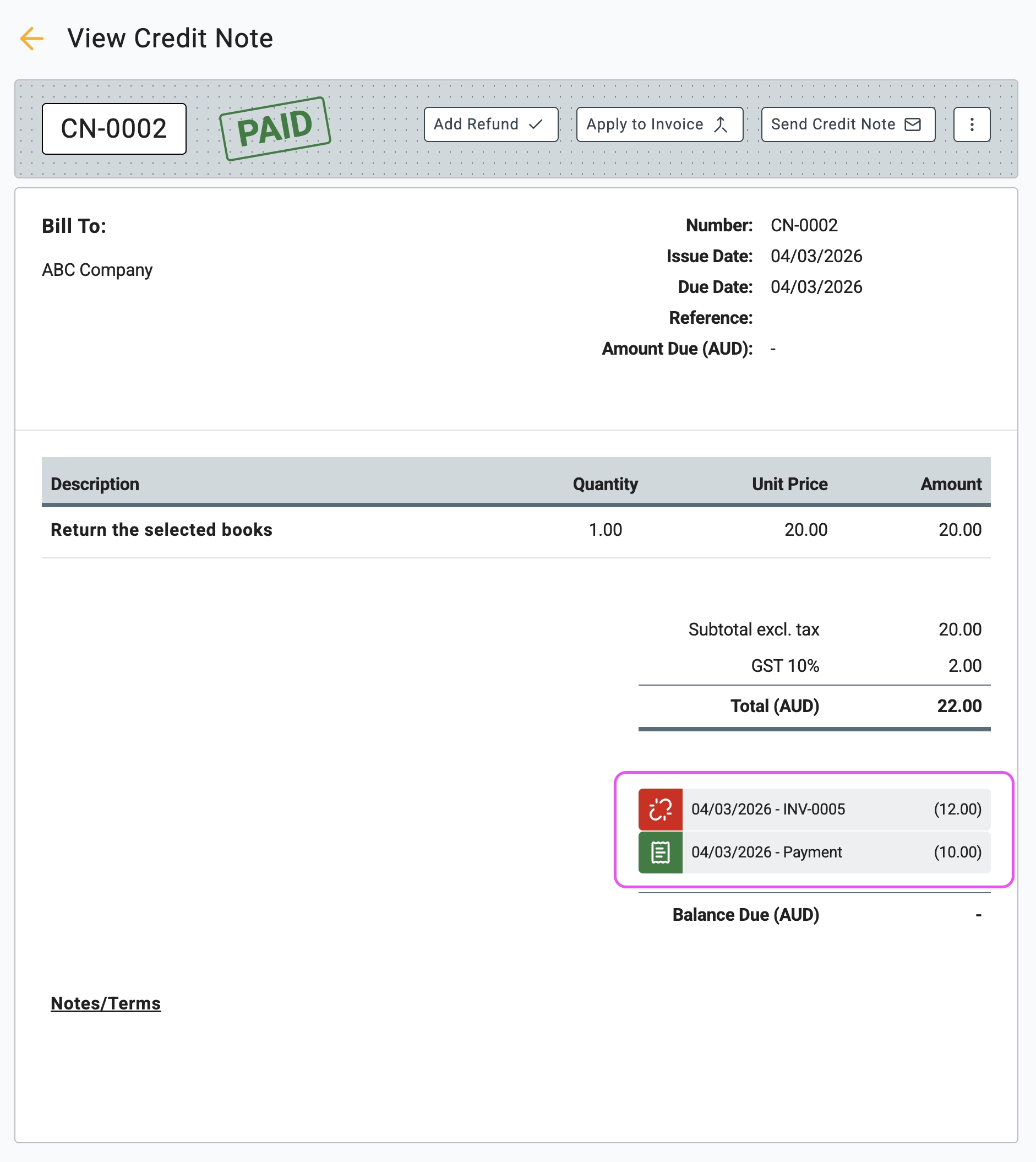 Fully settled credit note in Gimbla marked as PAID with a clear breakdown of the refund and invoice application