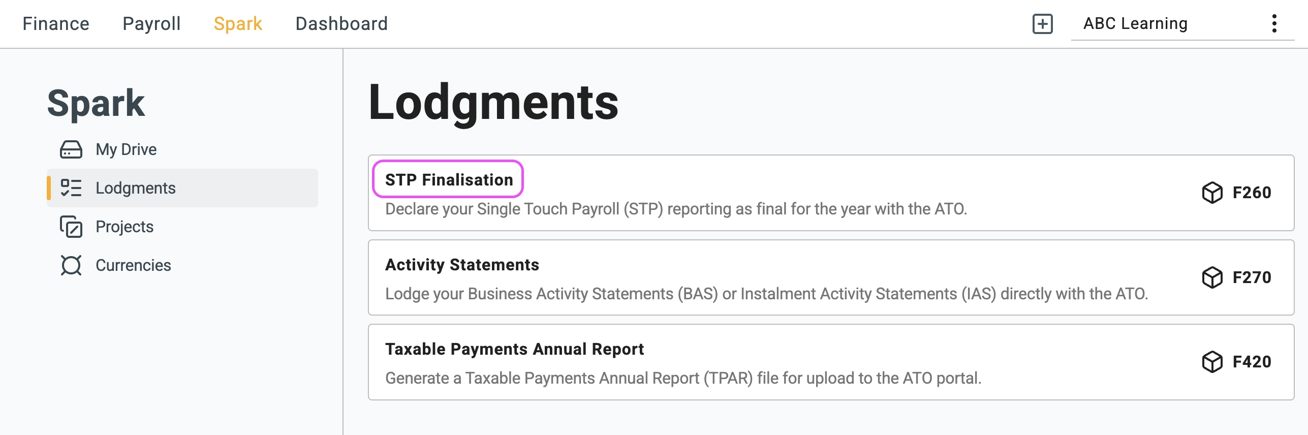 Open STP Finalisation from the Lodgements menu in Gimbla
