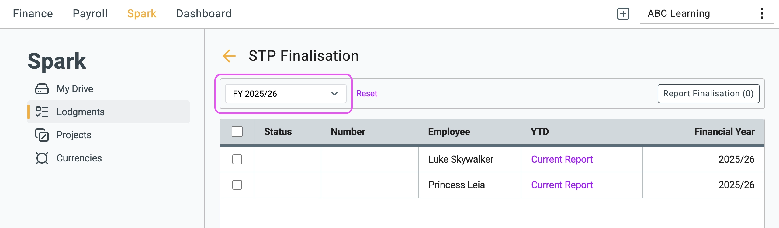 Select the financial year to finalise in Gimbla