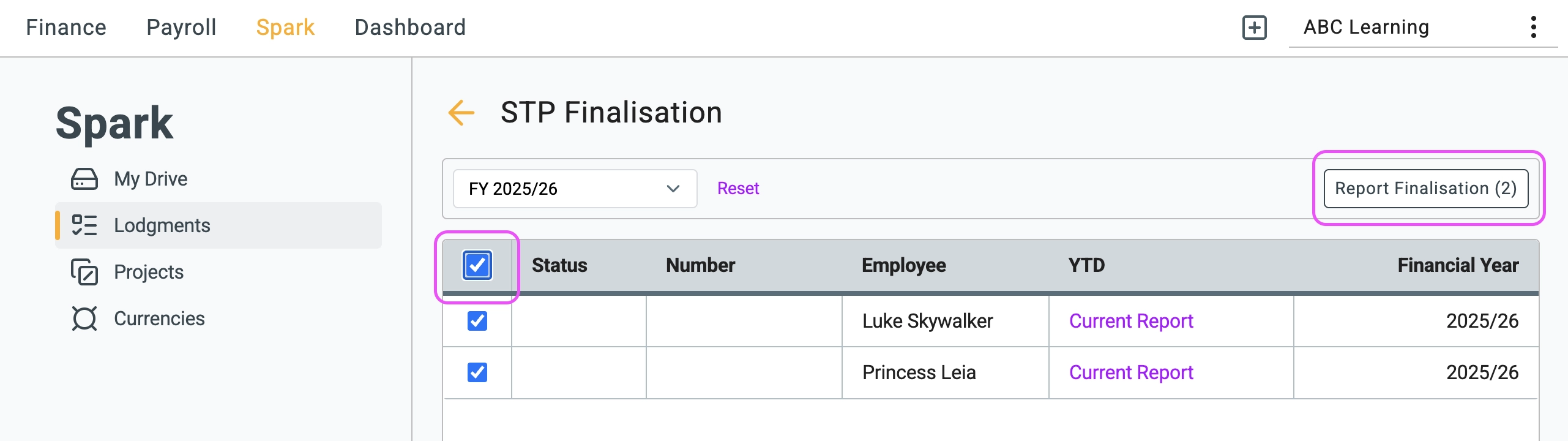 Select employees and click Report Finalisation