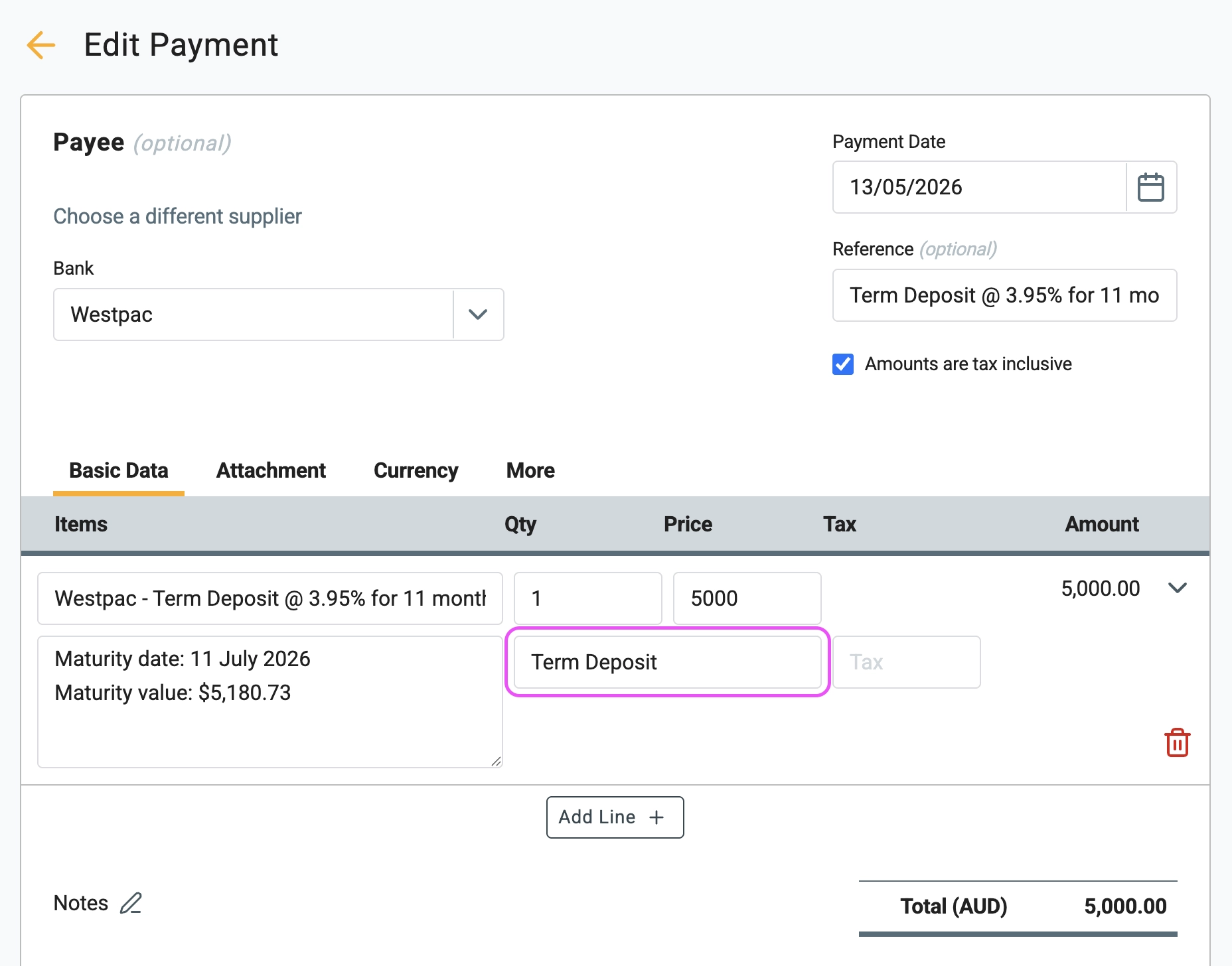 Make Payment screen showing a payment coded to Term Deposit