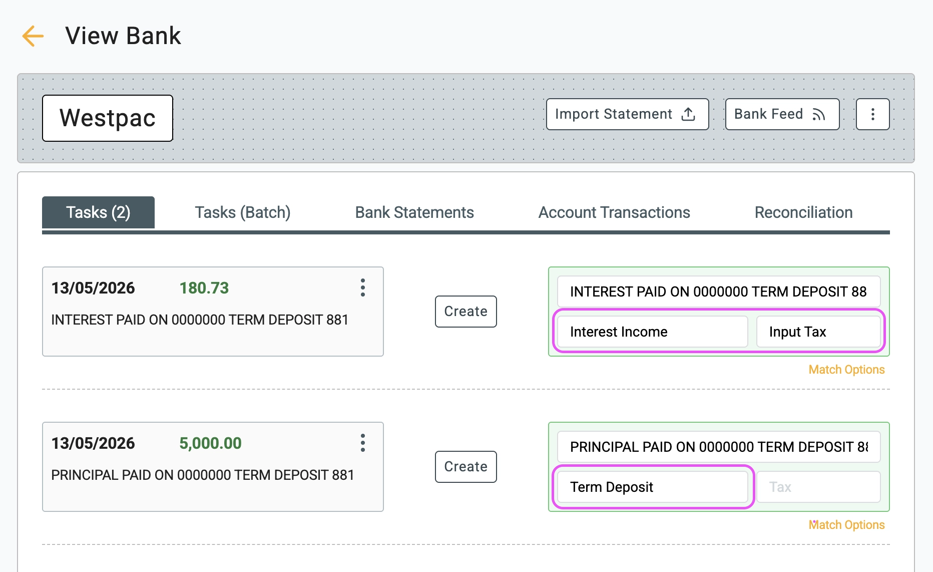 Bank transactions showing principal coded to Term Deposit and interest coded to Interest Income