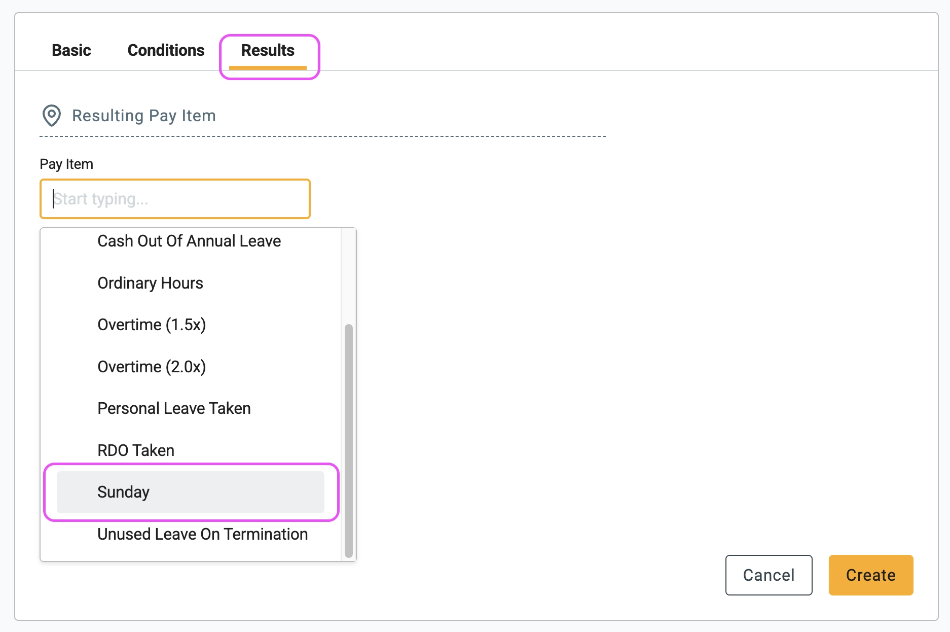 Select the pay item to apply when the Timesheet Rule matches