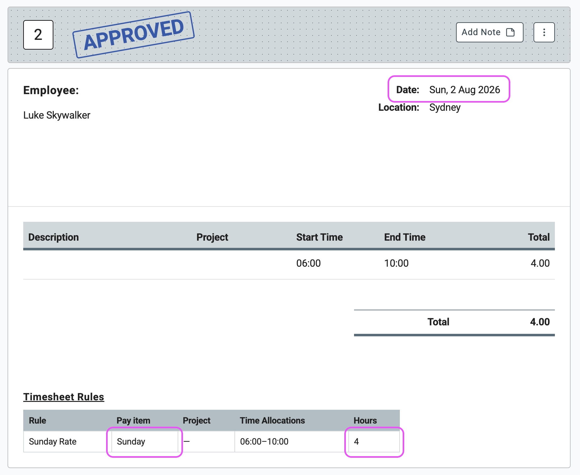 Sunday Timesheet Rule applied to an approved timesheet